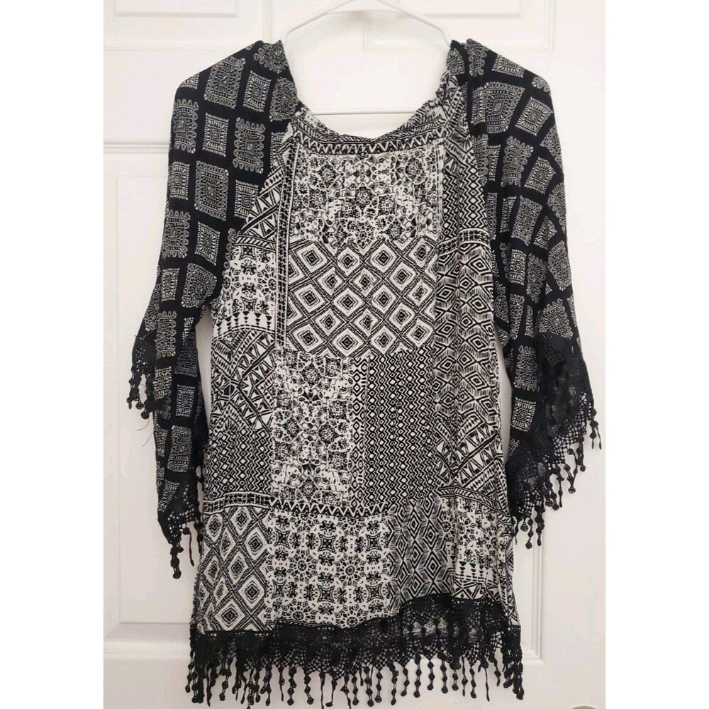 Ruby Rd. Black & White Boho Geometric Womens Top … - image 5